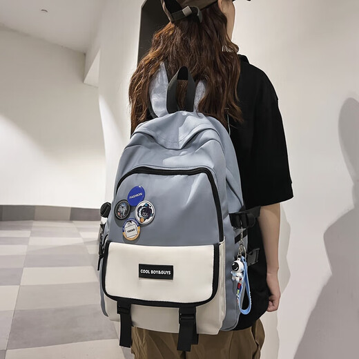 谷舰沐袋鼠双肩包男士背包初中高中大学生大容量书包女旅行商务笔记本电 蓝色大号+挂件+随机徽章