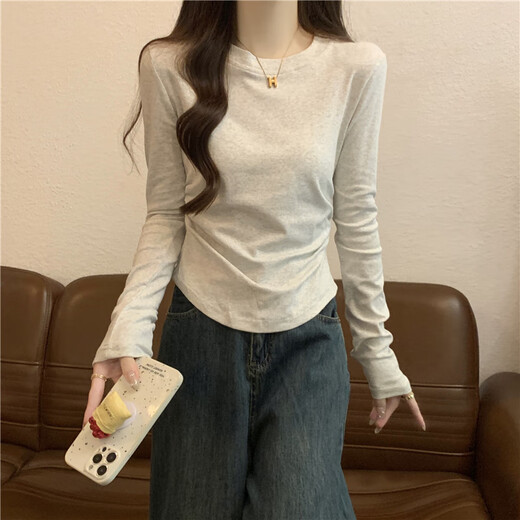 Koranna Pure Cotton Spring Autumn and Winter Slim Waist T-shirt Women's Long Sleeve Slim Short Round Neck Bottoming Top for Small People Floral Gray Long Sleeve L Recommended 106-120 Jin Jin equals 0.5 kg