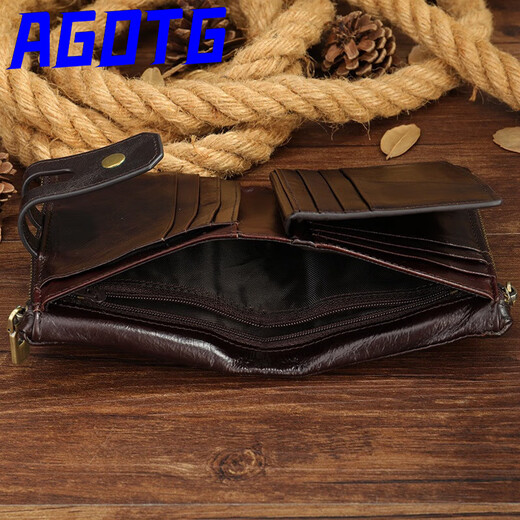 
AGOTG brand oil wax cowhide men's wallet short retro zipper anti-theft card clip rfid leather large capacity handbag brown