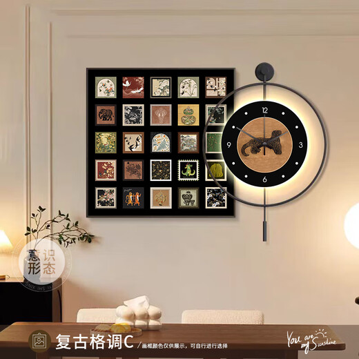 JPHZNB中古风百联餐厅装饰画led灯带钟表感壁画复古饭桌背景墙挂画 K12806+PB57 d60*60cm画+50*50cm挂钟带钟摆