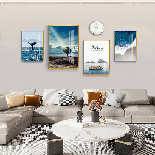 Mohu (mohu) living room decoration painting sofa background wall mural modern simple landscape landscape painting TV wall high-end new style hanging painting Haikuotian 15934 (including wall clock) Art crystal porcelain combination-black frame