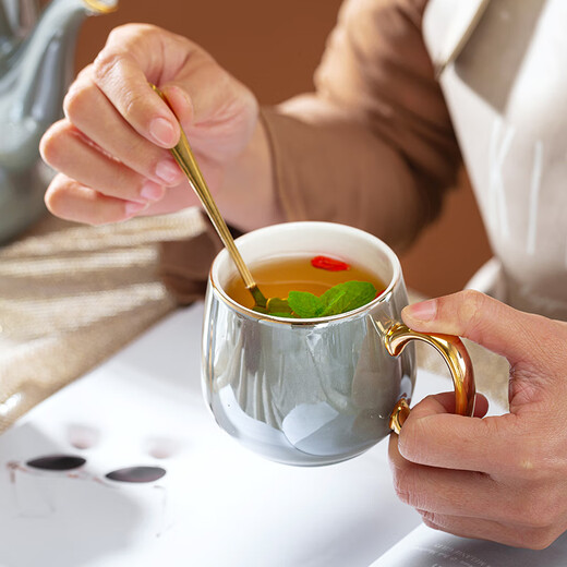 Huangtong Jingdezhen light luxury tea set ceramic cup set water cup complete set of water set household Nordic style high-end gift Aegean Sea Galaxy Gray 8-piece set gift box