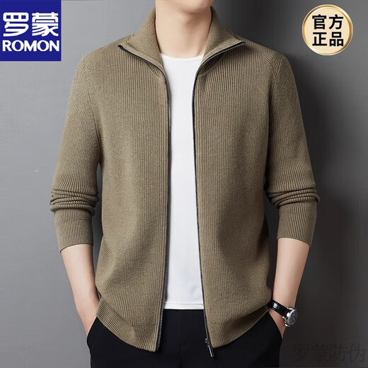 ROMON 100% pure wool casual lapel zipper cardigan winter thickened middle-aged men's wool knitted jacket pure gray 2XL