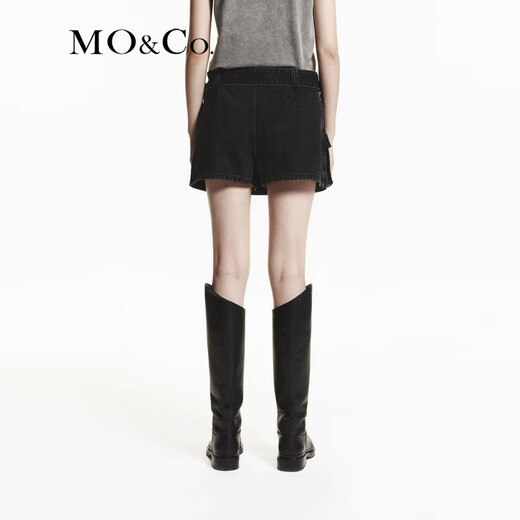 MO&Co. Cool low-waisted denim culottes with cargo pockets, A-line shorts, rock wash and belt, Moanco, denim black, M 27