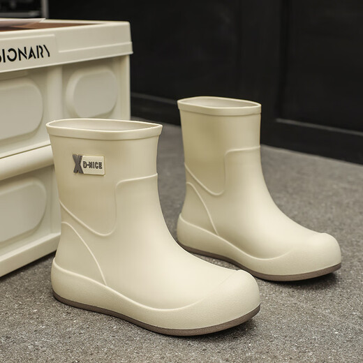Bainike rain shoes for women, fashionable outside wear internet celebrity mid-tube rain boots, anti-slip water shoes for kitchen work, step on water rubber shoes plus cotton to keep warm, off-white 38