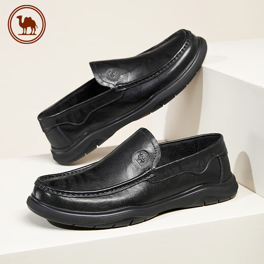 Camel Men's Patterned Cowhide Soft Sole Slip-ons Comfortable Business Casual Loaf Leather Shoes P14S155013 Black 41
