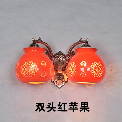 Yaotian New Chinese Style Red Festive Ceramic Wall Lamp Bedroom Bedside Lamp Foyer Entrance Aisle Balcony Fu Character Lantern Wall Lamp Single Head Long Red Lantern Free LED Warm Light