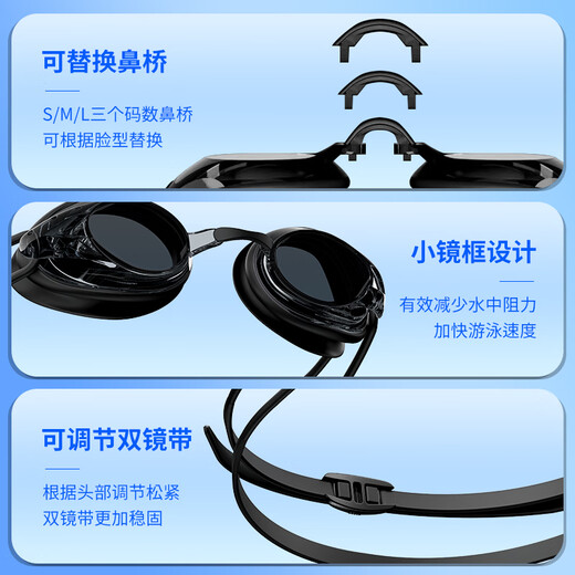 Langxiao mirror, small frame, waterproof and anti-fog swimming glasses, high-definition professional equipment, free swimming cap for children, men and women, three-piece set, fashionable black, swimming cap + nose clip earplugs + waterproof bag