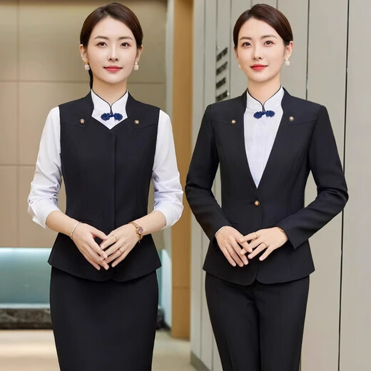 Iyasha hotel front desk reception work clothes for women high-end temperament professional suit suit Chinese catering waiter work clothes blue suit + shirt + pants XL recommended 110-120 Jin Jin equals 0.5 kg