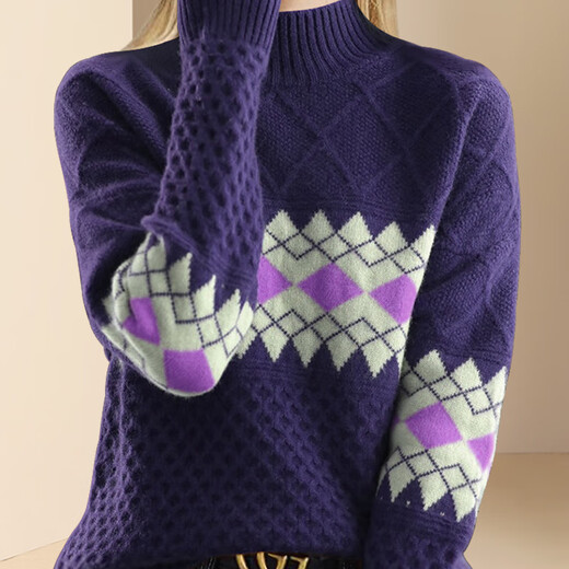 Difelige European и American Retro Jacquard Purple Sweater для женщин 2024 Новый зимний свободный случай повседневного внутреннего свитера Цвет 3xl