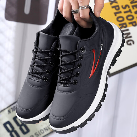 Hongxinger sports shoes men's leather sports versatile casual running shoes trend all black kitchen waterproof 916PU black gray 40