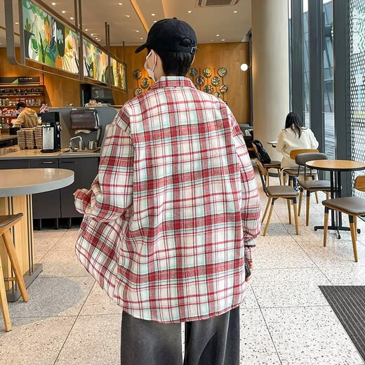 Amerikanisches langärmeliges Hemd für Jungen Frühling und Sommer Lose Revers Plaid-Hemd Retro Trendy Casual Vielseitige Jacke für Männer Cryz687 Red L