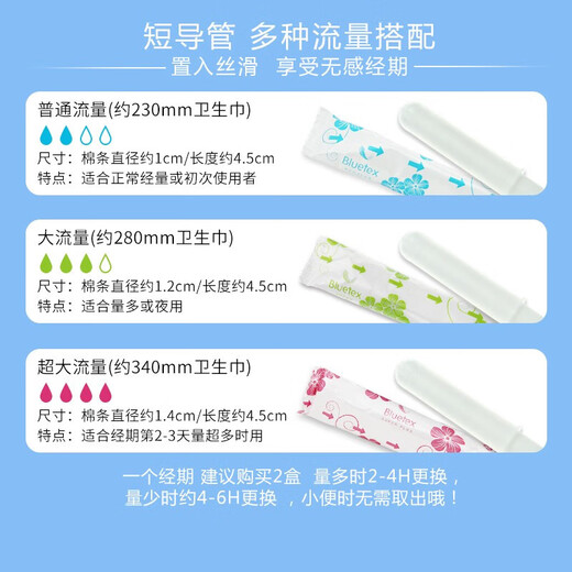 Bluetex蓝宝丝短导管式卫生棉条内置卫生巾游泳专用防水阴道塞月经 短导管超大流量16支