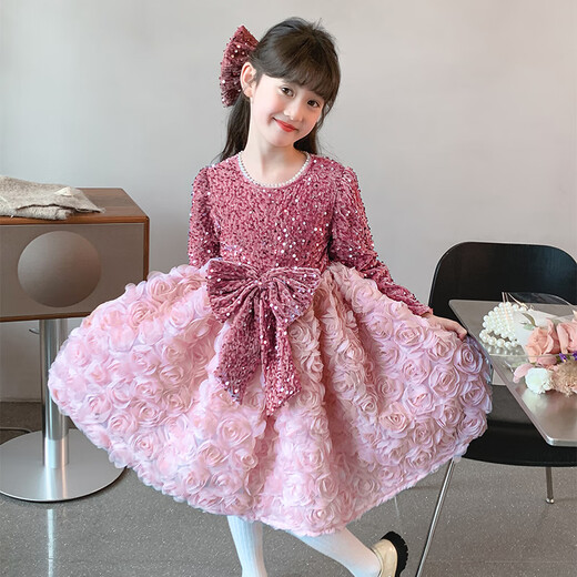 Annie Youer high-end girls princess dress autumn and winter 2024 new little girl birthday dress children's style plus velvet dress pink + hairpin 110