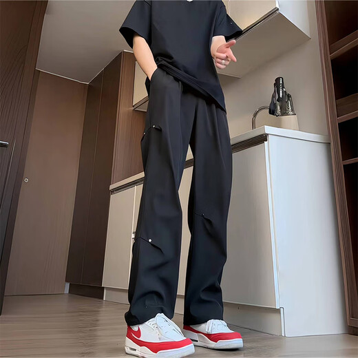 Digada American High Street Black Rivet Pants Men's Spring and Autumn Paratrooper Assault Workwear Straight Loose Draping Casual Pants LRB-K89 Black M