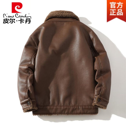 Pierre Cardin Brown Suede Jacket Men's Fur One-piece Plus Velvet Thickened Lamb Wool Jacket Trendy Large Size Motorcycle Leather Jacket Brown L (Light Business)