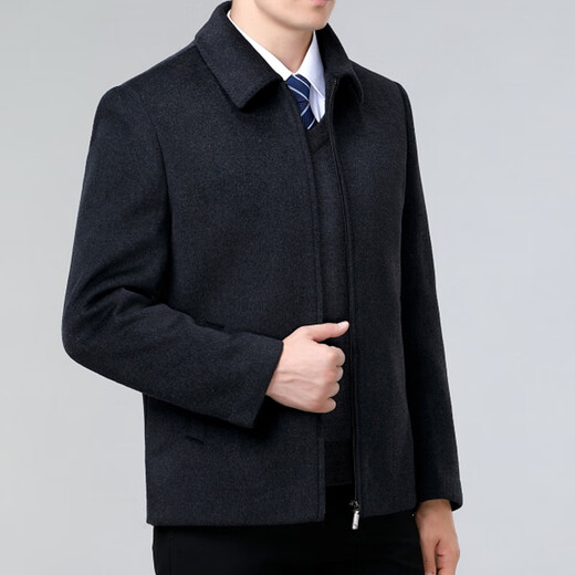 皮尔卡丹高档羊毛夹克男士外套2023秋冬季中老年保暖商务休闲毛呢上衣 28812深兰色 190/3XL