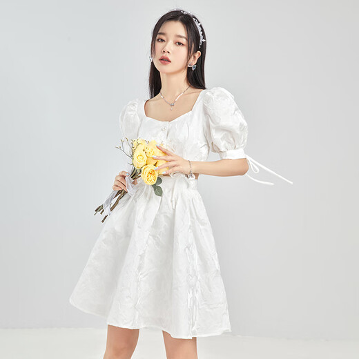 Fantu Fantu Fashion Age-Reducing Puff Sleeves and Square Collar Dress 2024 Summer New Style Non-detachable Commuting Skirt for Women Beige S