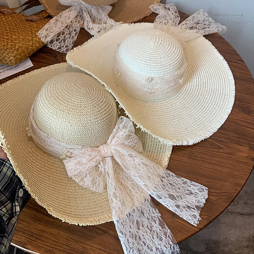 Miao Yijia straw hat women's seaside hat sun protection hat large brim beach hat straw sun hat women's sun hat knitted hat cool pearl lace bow straw hat beige