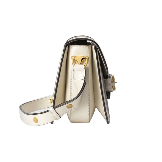 Gucci (GUCCI) women's bag horse buckle shoulder bag 1955 series small crossbody bag double G pattern canvas leather postman bag 92TCG 9761 white leather piping pre-sale