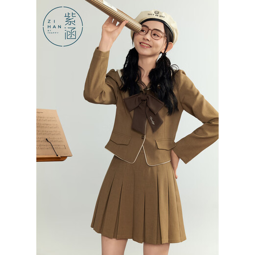 Zihan (ZIHAN) Zihan college style double-layer lapel bow top short pleated skirt two-piece suit for women autumn light coffee M