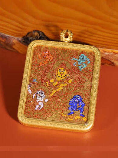Yulong hand-painted golden Tanghuang God of Wealth and Five Gods of Wealth small thangka pendant portable natural mineral pigment 4*5cm