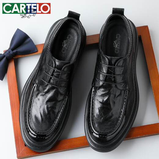 CARTELO crocodile (CARTELO) first-layer sheepskin men's shoes business thick-soled casual leather shoes men's hand scratched anti-wrinkle men's leather shoes 9710 black 41