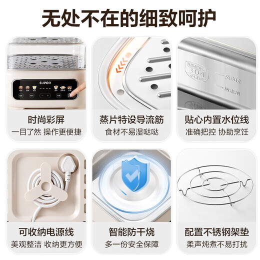 Supor water-proof electric stew pot and steamer all-in-one household 3-4-6 person stew pot, stew and steamer all-in-one multi-functional 0-coated 304 stainless steel electric steamer 3-layer large capacity 17L upper steaming and lower stewing 0-coated stainless steel bottom pot