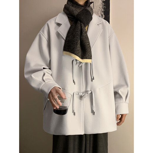 Huatian Mu Horn Button Short Woolen Coat Men's Winter Cotton Thickened Warm Suit Collar Woolen Jacket Black L Recommendation -110-125Jin Jin equals 0.5kg Can be worn