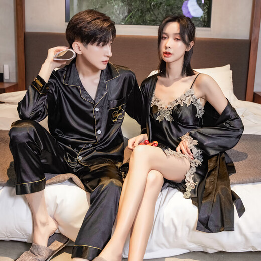 Modal 2 set price imitation silk couple nightgown for men and women spring and autumn suit shorts women's suspender skirt two-piece ice silk embroidered bathrobe 0521 black men's suit women's lace nightgown XL male + female M