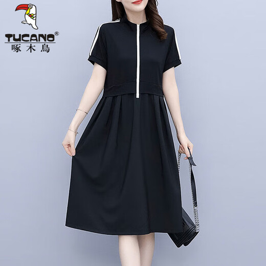 Дятел летнее толстое ММ в корейском стиле свободное облегающее платье с короткими рукавами женское большого размера 200Jin Jin равно 0,5 кг Толстая повседневная юбка, закрывающая живот, черная 5XL рекомендуется 180-200Jin Jin равна 0,5 кг