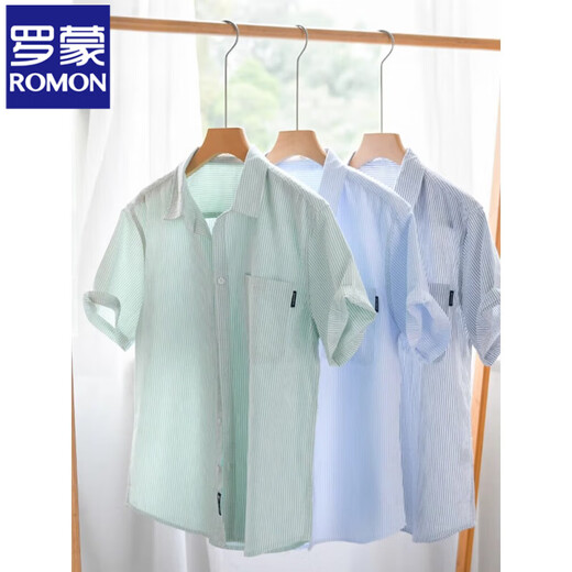 
ROMON men's pure cotton short-sleeved shirt Japanese casual summer thin new striped shirt trendy splicing top 9740 black 2XL