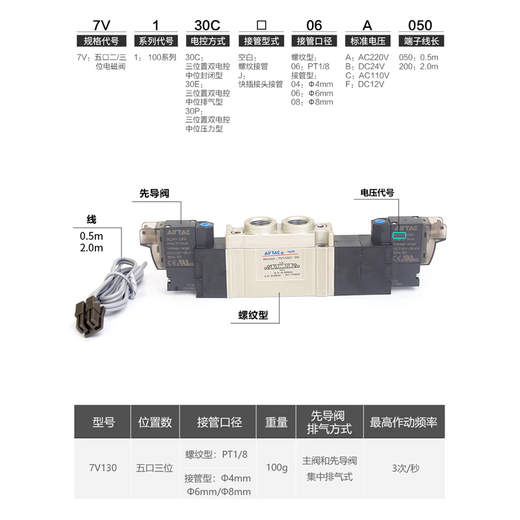 Válvula solenoide neumática de pasajeros 7V 110 120 130C-06 Válvula de control de inversión de cilindro 7V12006B0 7V100M8F