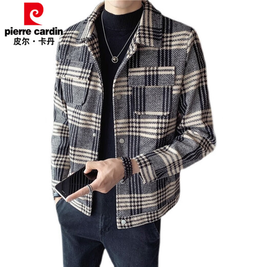 皮尔卡丹（pierre cardin）小香风夹克外套男士秋季2025新款潮流格子翻领加厚毛呢休闲春秋装 719 白 S 70-85斤