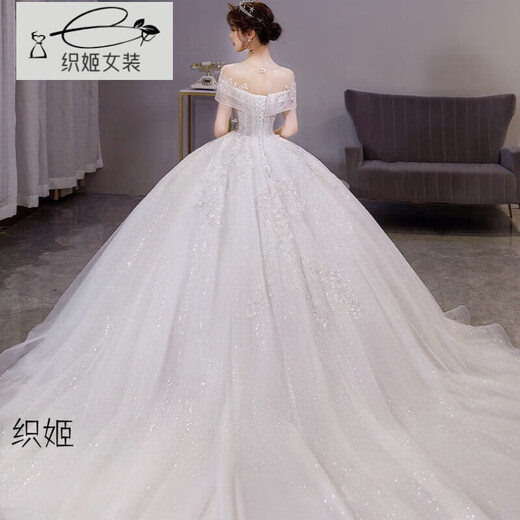 Orihime one-shoulder light wedding dress 2025 new temperament main yarn bride summer cover thick arms floor-length large tail princess style tail style standard mid-waist veil bustle one size XL size recommended 120Jin Jin is equal to 0.5 kg or less