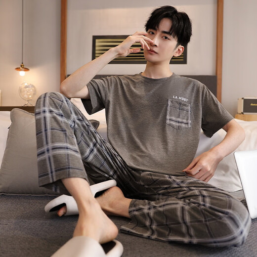 七匹狼（SEPTWOLVES）睡衣男士夏季莫代尔薄款短袖长裤冰丝凉感休闲家居服加肥大码套装 XM9918莫代尔男长裤短袖 L 男100-125斤