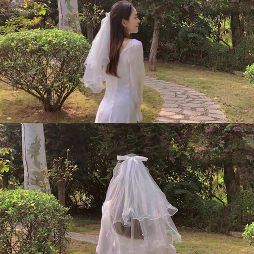 妙奕嘉头纱求婚领证新娘婚纱头纱订婚结婚头饰领证拍照道具表白仪式感 珍珠双层蝴蝶结头纱【发夹款】