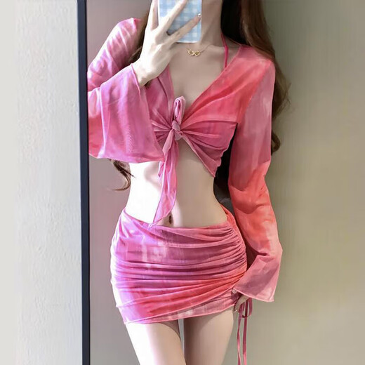 Fei Yao Bikini Women's Swimsuit Hot Spring Sexy Slim Split Conservative Four-piece Set Pure Desire White Long-Sleeved Vacation Set Rose Red One Size Recommended 80-120 Jin Jin equals 0.5 kg