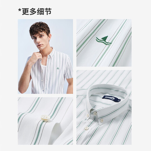 Navigare意大利小帆船男凉感通勤短袖衬衫休闲条纹衬衣1323545503 白绿 L 