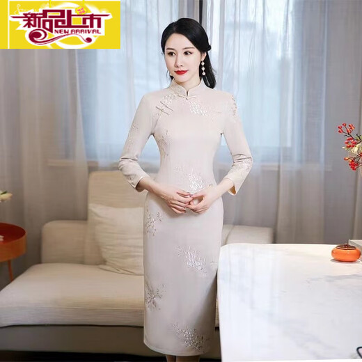 Initial diameter plus velvet and thickened cheongsam 2025 new autumn and winter young style improved retro long-sleeved long style women's pink warm pink velvet and thickened M 85-100Jin Jin equals 0.5 kg