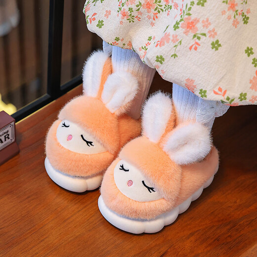 Candy parent-child winter children's cotton slippers, cute rabbit warm plus velvet for boys and girls at home, non-slip soft bottom baby cotton slippers, cute rabbit slippers - pink, size 34-35, inner length 20.5cm