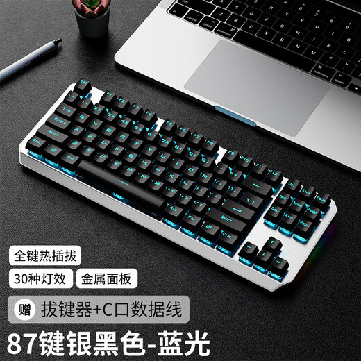 前行者TK870有线机械键盘游戏办公键盘拼色RGB侧光灯有线87键客制化热插拔游戏电竞台式电脑笔记本办 银黑-蓝光【全键无冲可换轴】有线