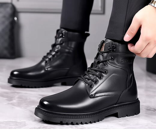 Western Region Camel Martin Boots Men's Genuine Leather Military Cruiser Wool Cotton Boots Winter Warm Plus Fleece Men's Shoes Cowhide Casual Snow Boots 3519 Black [Fur Integrated Flat Sole] 39