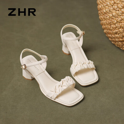 ZHR粗跟凉鞋女夏季优雅法式方头女鞋百搭一字带鞋子女 Y756 米色 36 