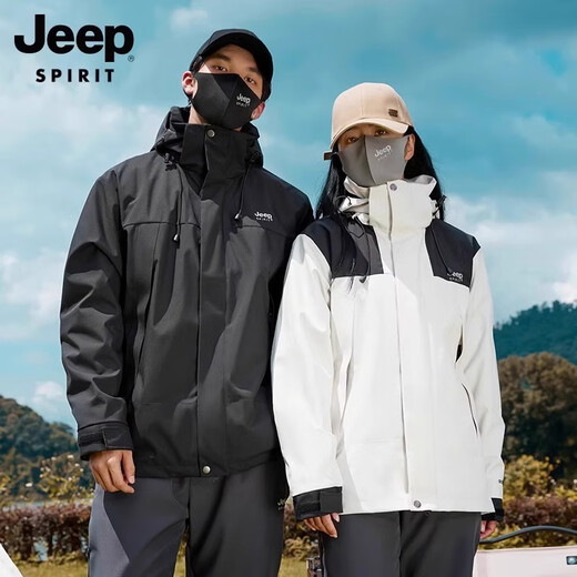 吉普（JEEP）冲锋衣羽绒服三合一男女士外套男团购情侣夹克衣服男装登山滑雪服 象牙白 [春秋款无内胆]男女同款锋衣 M (建议135-150斤）