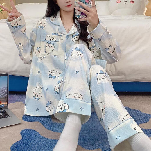 Youshifei cute little eight pajamas for women in spring and autumn long sleeves long trousers cartoon chiikawa jiikawa student home clothes 9277# double-length yellow gauze dog M 75-100Jin[Jin equals 0.5 kg]