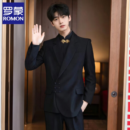 ROMON high-end new Chinese style stand collar Zhongshan blazer men's engagement groom wedding Chinese style suit dress Tang suit black jacket + pants + stand collar black shirt XS