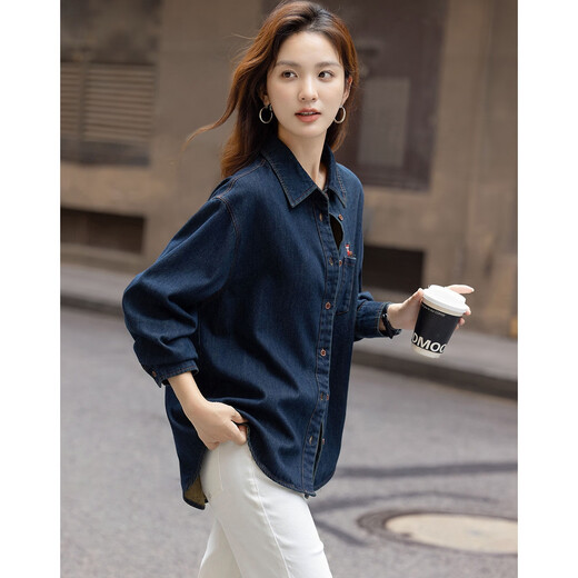 Demana warm brushed cloud-like cotton winter lapel denim shirt fawn embroidered pocket loose shirt women's top