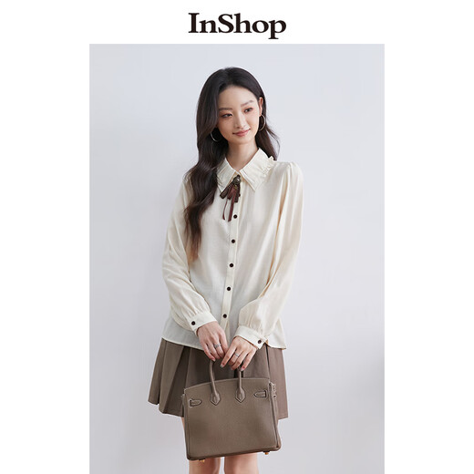 InShop shopping mall same style new women's retro literary college style bow tie shirt age-reducing long-sleeved top apricot S