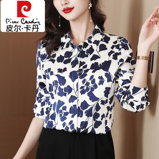 Pierre Cardin fashion printed long-sleeved chiffon shirt for women in spring and autumn, commuting temperament, slim top, fashionable mother's belly-covering shirt, leaf flower 3XL 140-150Jin Jin is equal to 0.5 kg